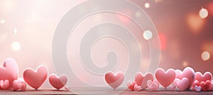 Banner with copy space for Valentines Day. Pink hearts on a soft bokeh background. Mockup for valentine card, greeting