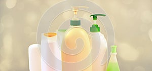 Banner Cosmetics for hair and body care white bottles on a gray background Natural organic product Copy space selective focus