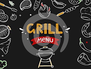 Banner cover for a menu with grill and barbecue elements for a restaurant bar cafe on a black background Vector