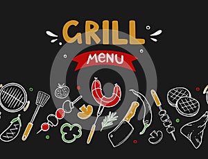 Banner cover for a menu with grill and barbecue elements for a restaurant bar cafe on a black background Vector