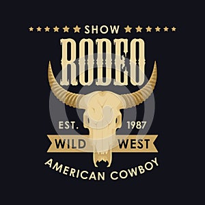 Banner for a cowboy Rodeo show with a bull skull