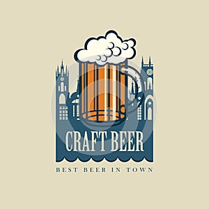 Banner for craft beer with beer glass and old town