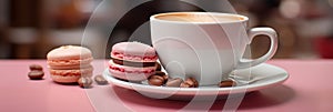 Banner Creamy coffee and colorful macarons.