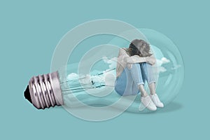 Banner creative poster collage of negative lady crying inside lamp lightbulb have no genius idea mental health trouble