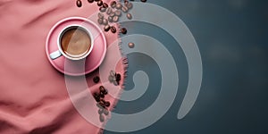 Banner with a cup of coffee on pink textile on a dark bluew background.AI Artificial intelligence photo