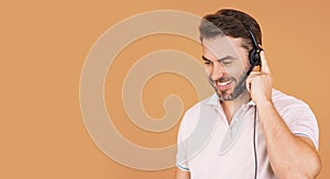 Banner of customer service representative wearing a headset isolated on beige. The Call center. Customer support