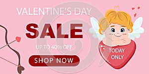 Banner with the cute cupid for the Valentines Day. Vector flat illustration.