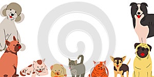 Banner with cute domestic pets group portrait and empty space