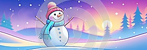 Banner with cute funny laughing snowman with wool hat and scarf on snowscape. copy space.