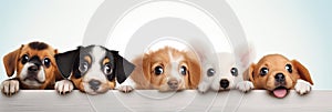 Banner with cute puppy. Group of funny dogs above white banner looking at camera. Signboard or gift card for pet shop or