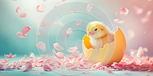 Banner with cute small chick hatching out of yellow easter egg