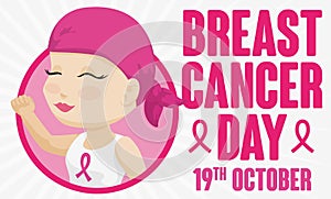 Cute Woman with Headscarf Celebrating Month Against Breast Cancer: October, Vector Illustration