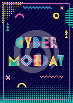 Banner CYBER MONDAY. Trendy geometric font in memphis style of 80s-90s. Text and abstract geometric shapes on striped dark blue ba