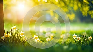 banner daffodil in white and yellwo on a spring meadow photo