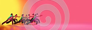 Banner with dance team of young adorable girls moving to the beat of the music on pink and yellow gradient background in