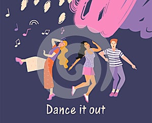 Banner and dancing. People dance and sing to music at a party, carnival or festival. Joyful emotions, mood. Vector illustration