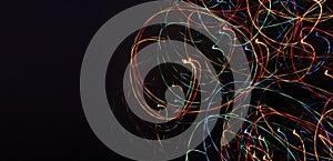 banner with a dark abstract background and lots of bright multicolored neon lines