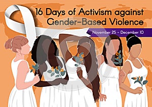 Banner for 16 Days of Activism against Gender-Based Violence with white ribbon. photo
