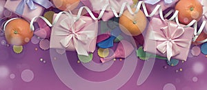 Banner Decorative composition Three boxes with gifts Satin ribbon Bow Oranges Confetti Serpentine birthday party. photo