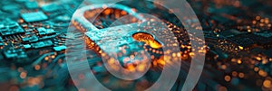 banner with decryption spyware of confidential privacy software of data. Lock with keyhole on circuit board with