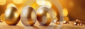 Banner with deluxe gold Easter eggs and satin ribbons with gold glitter with space for text on festive background. Bokeh