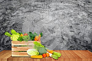 Banner design concept fresh organic and vegetables on wooden table outdoors