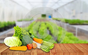 Banner design concept fresh organic and vegetables on wooden table outdoors