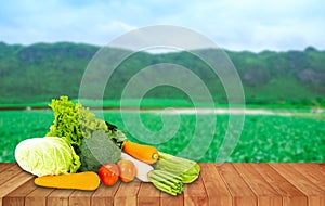 Banner design concept fresh organic and vegetables on wooden table outdoors