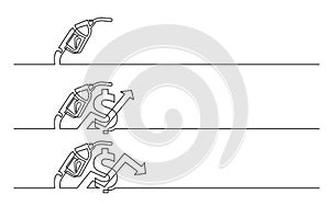 Banner design - continuous line drawing of business icons: gas nozzle, gas prices diagrams