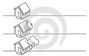 Banner design - continuous line drawing of business icons: home symbol, fire, house damage