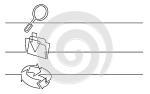 Banner design - continuous line drawing of business icons: looking glass, upload folder, connection arrows