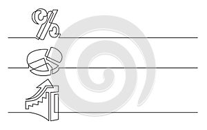 Banner design - continuous line drawing of business icons: percent sign, pie chart, rising diagram
