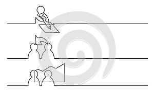 Banner design - continuous line drawing of business icons: person edit, team cooperation, human resourses