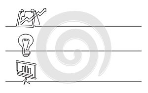 Banner design - continuous line drawing of business icons: presentation, light bulb symbol, chart screen