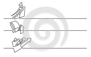 Banner design - continuous line drawing of business icons: rising chart, growth symbol, analytics