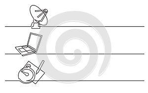 Banner design - continuous line drawing of business icons: satelite antena, laptop computer, stop watch