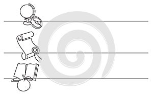 Banner design - continuous line drawing of business icons: school globe, diploma, book and apple