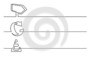 Banner design - continuous line drawing of business icons: telephone, alarm clock, calendar