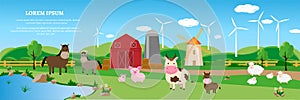 Banner design Farm animals on the farm against the background of the landscape and wind turbines.