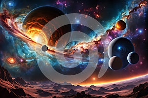 Banner Design Featuring a Panorama of a Distant Galaxy: Clusters of Diverse Planets, Myriad Stars, and Celestial Splendor