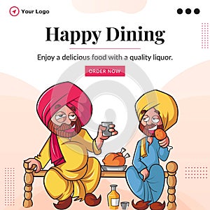 Banner design of happy dining enjoy a delicious food