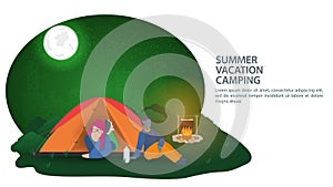 Banner for the design of a summer camping a girl lies in a tourist tent and a black guy is sitting next to a campfire against the