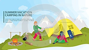 Banner for the design of a summer camping in nature a girl sits near a tourist tent that a guy sets up against the background of
