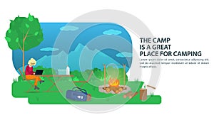 Banner for the design of summer camping a vacationer sits at a folding tourist table and watches the Internet on a laptop against