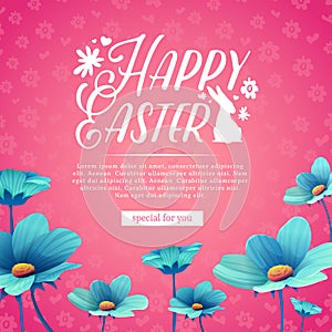 Banner design template with blue flower decoration for spring Easter. Invitation for easter holiday with logo and rabbit