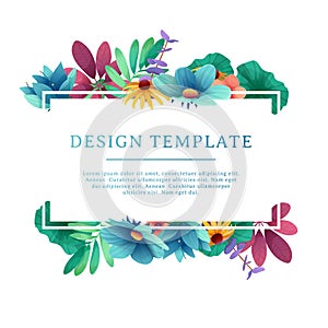 Banner design template with floral decoration. Rectangular frame with the decor of flowers, leaves, twigs. Individual