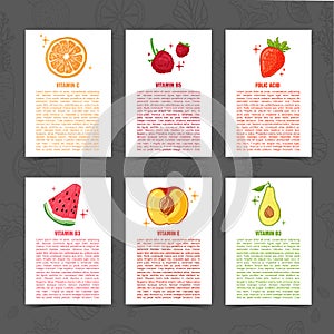 Banner design template with food decoration. Set card with the decor of healthy, juicy fruit. Menu template with space