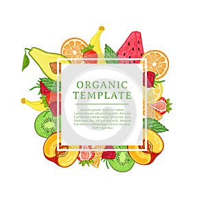 Banner design template with tropical fruit decoration. Square frame with the decor of healthy, juicy fruit. Card with