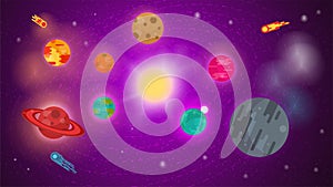 Banner for the design of the universe with planets in orbit in the center the sun stars nebulae comets flat vector illustration