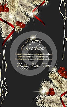 Banner with detailed christmas tree and red rinnon on dark background